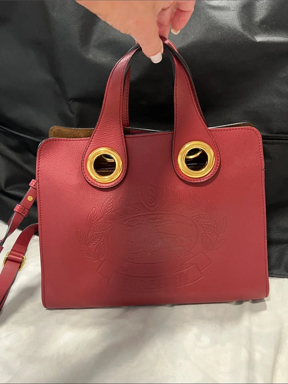 Burberry Red Leather Satchel with Gold Grommet Accents